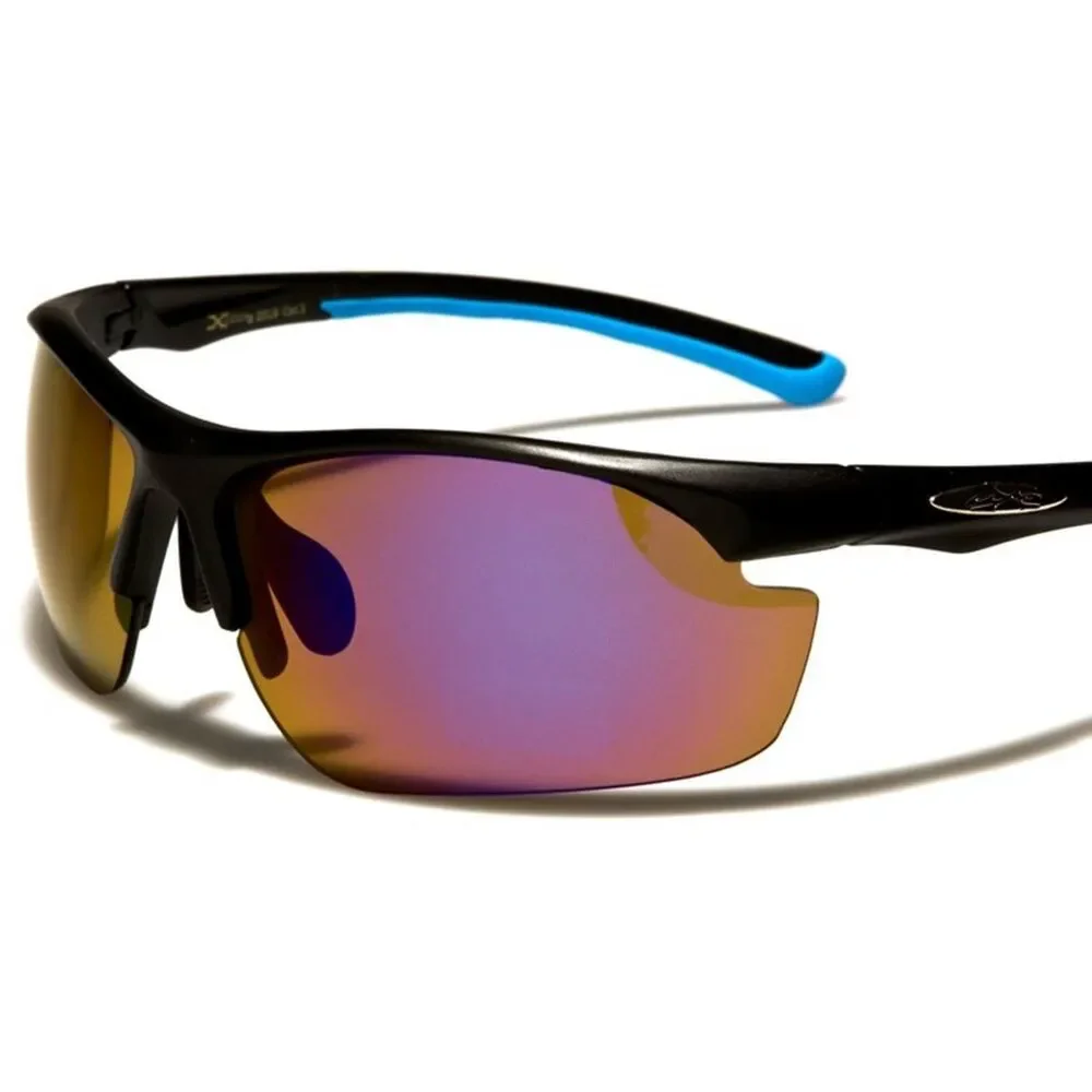 Motorcycle Biker Cycling Running Black Blue Mirrored Lens Wrap Sport Sunglasses